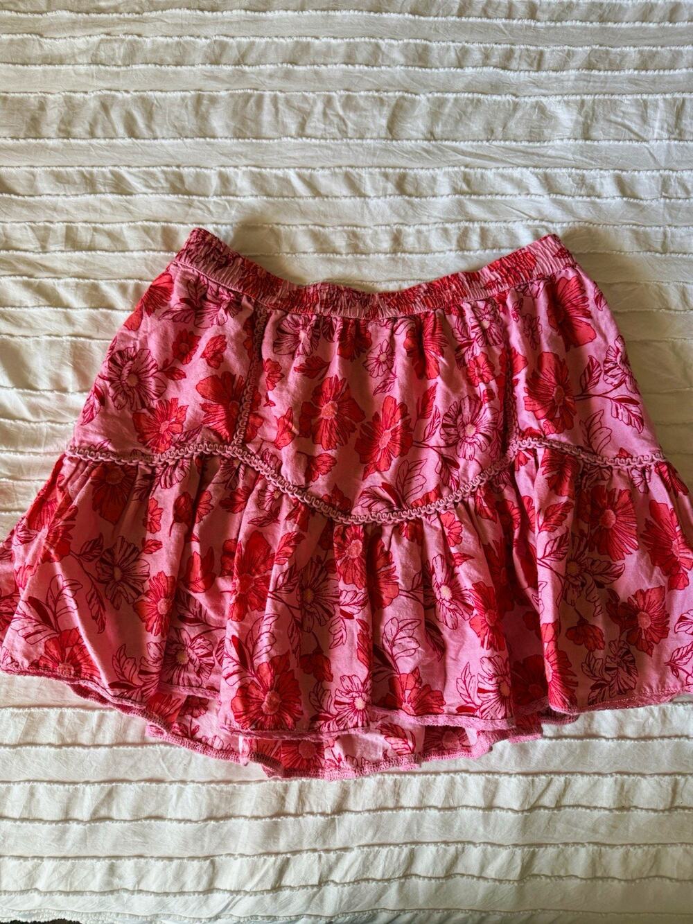 Jessica Simpson Pink Red Floral Woven Mini Skirt Lace Trim Pull On Size L